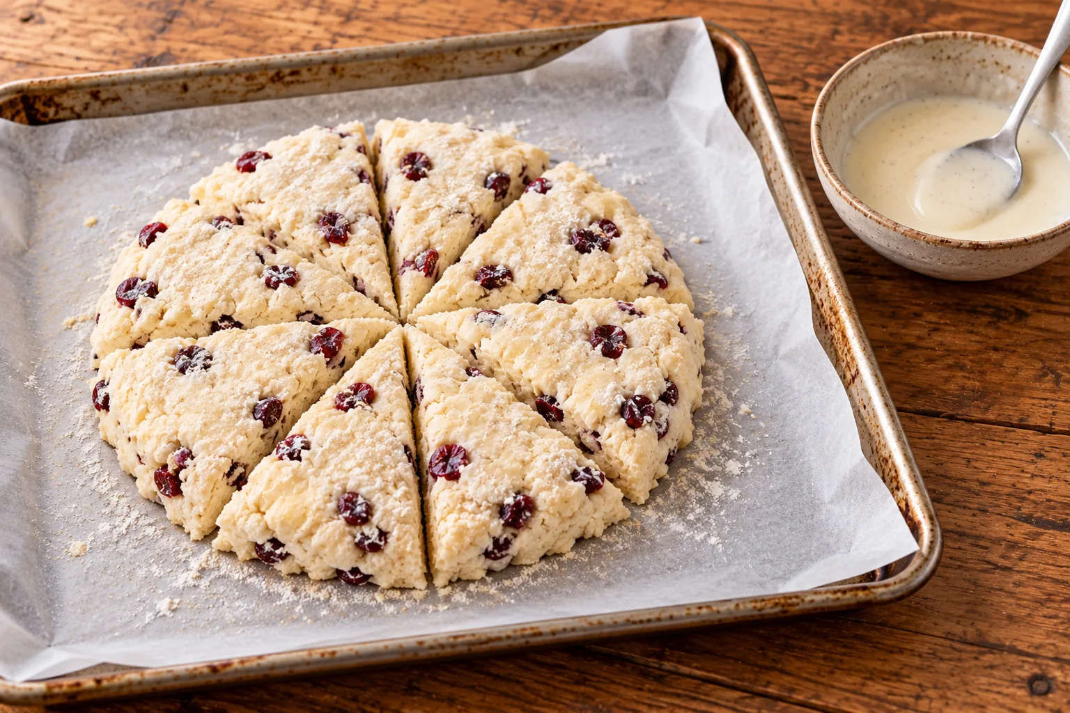 Cranberry scone dough cut into wedges on a baking sheet