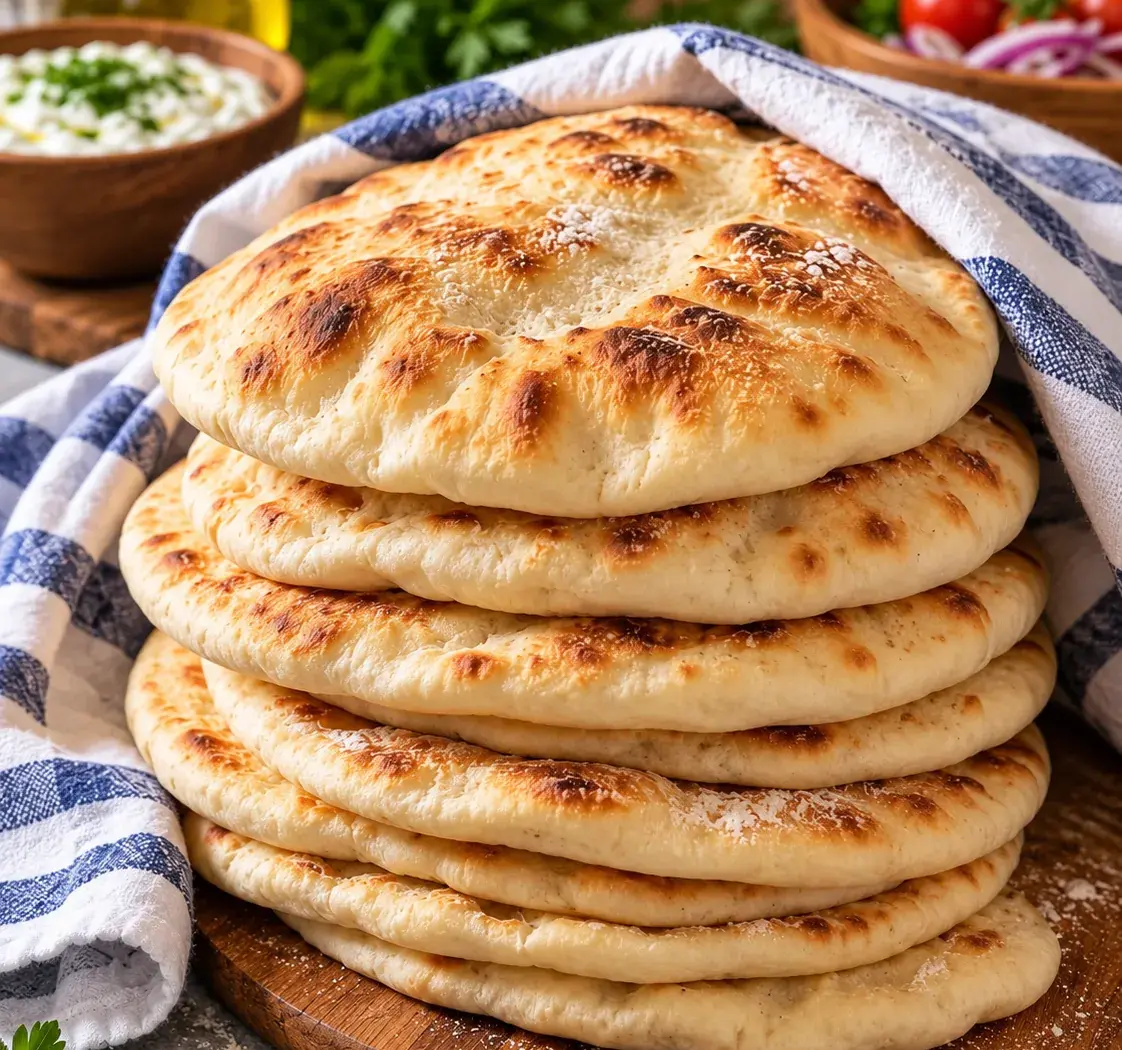 Stack of soft homemade Greek pita breads on a wooden board