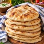 Stack of soft homemade Greek pita breads on a wooden board
