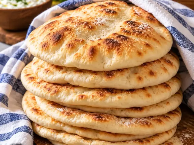 Stack of soft homemade Greek pita breads on a wooden board