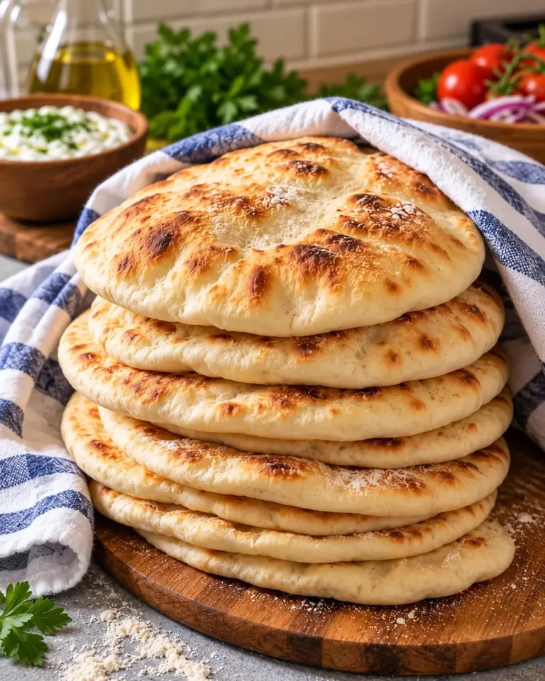 Stack of soft homemade Greek pita breads on a wooden board