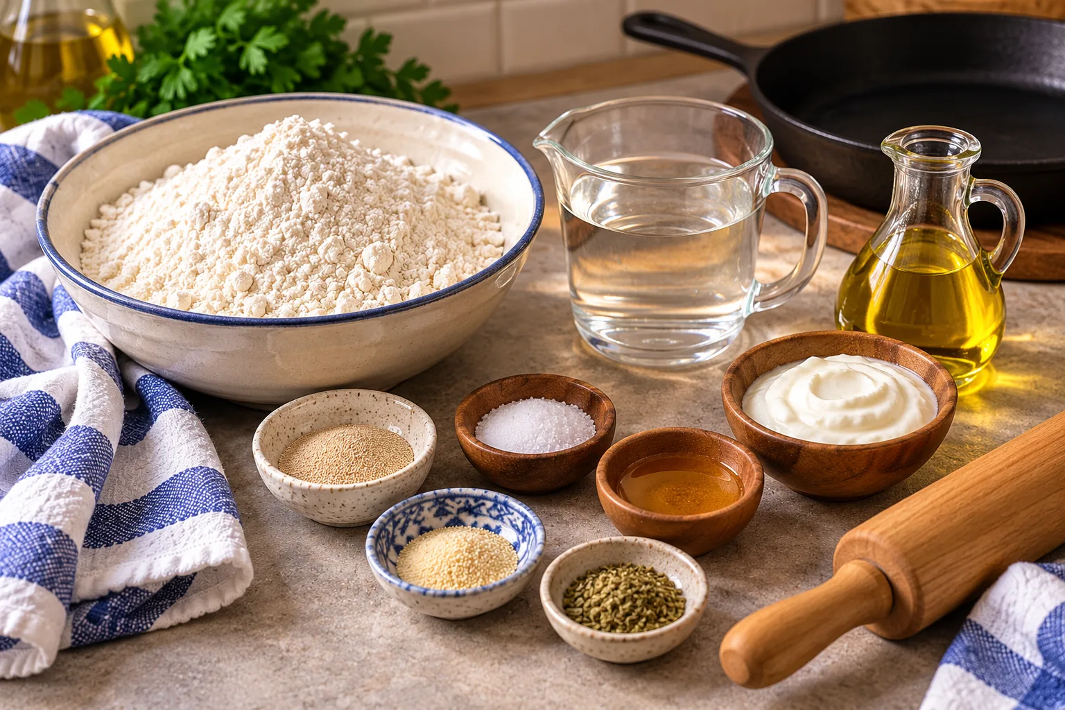 Flour, water, yeast, sugar, salt, olive oil and optional yogurt beside a skillet