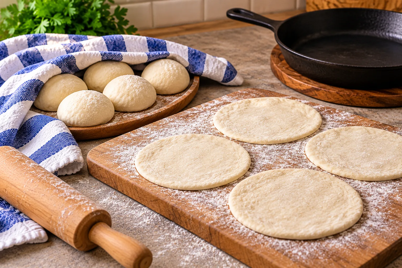 Rolled pita dough rounds resting under a towel beside a hot skillet