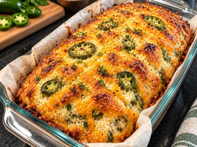 Golden cottage cheese cheddar herb bread in a clear glass loaf pan