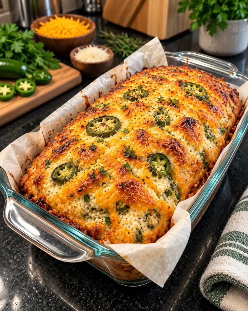 Golden cottage cheese cheddar herb bread in a clear glass loaf pan