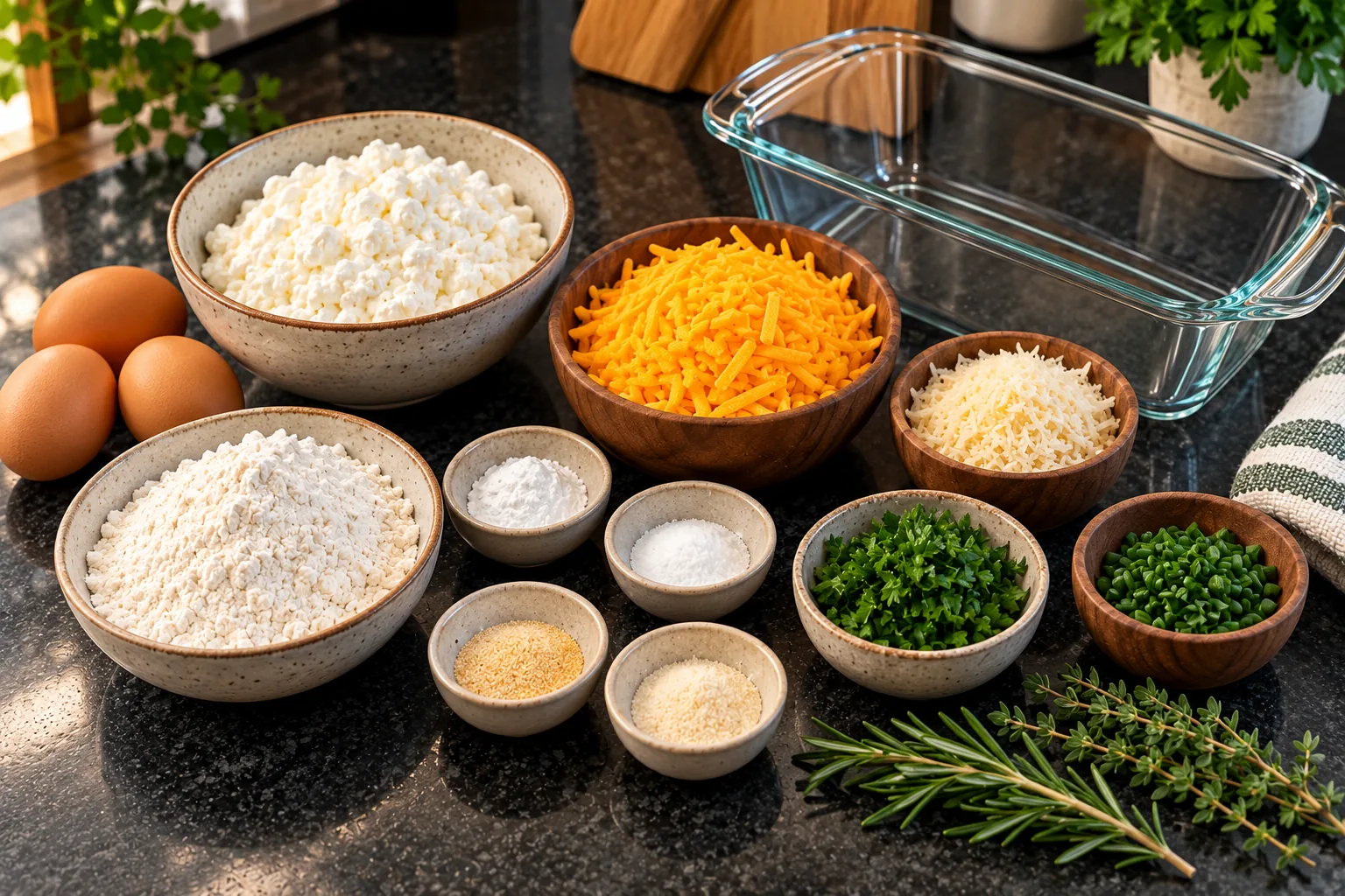 Ingredients for cottage cheese cheddar herb bread beside a loaf pan