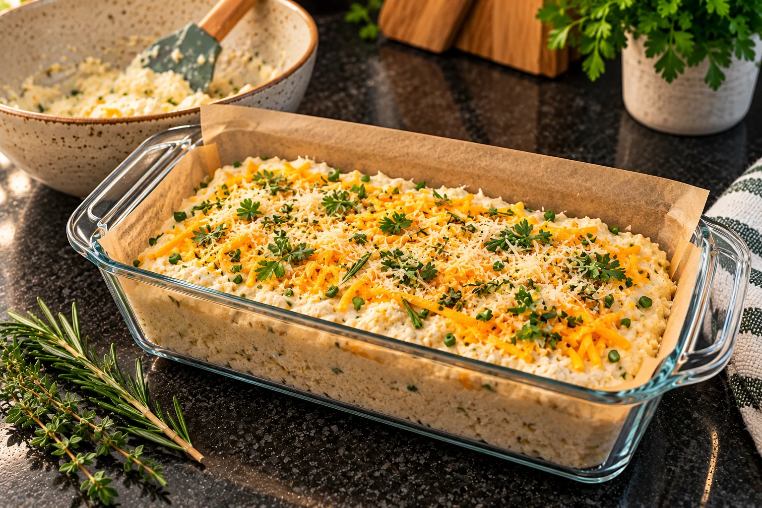 Unbaked cottage cheese bread topped with cheddar and fresh herbs