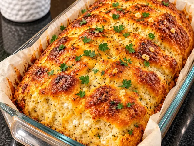 Golden cottage cheese garlic cheddar bread in a clear glass loaf pan