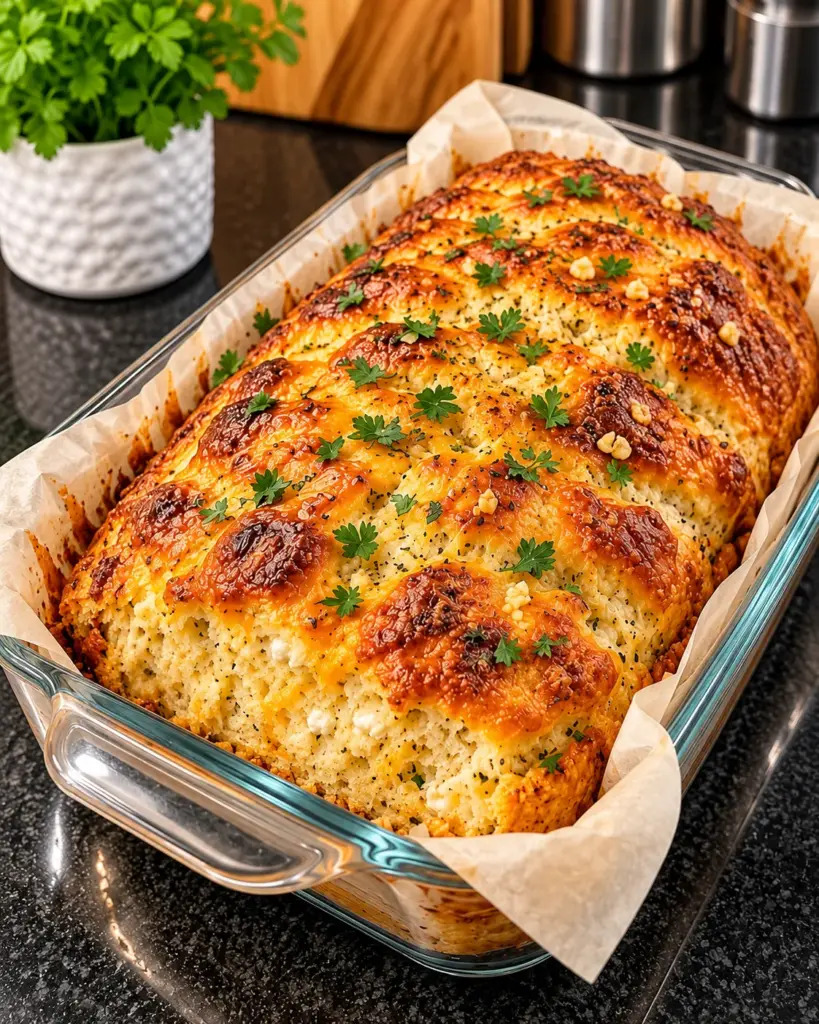 Golden cottage cheese garlic cheddar bread in a clear glass loaf pan