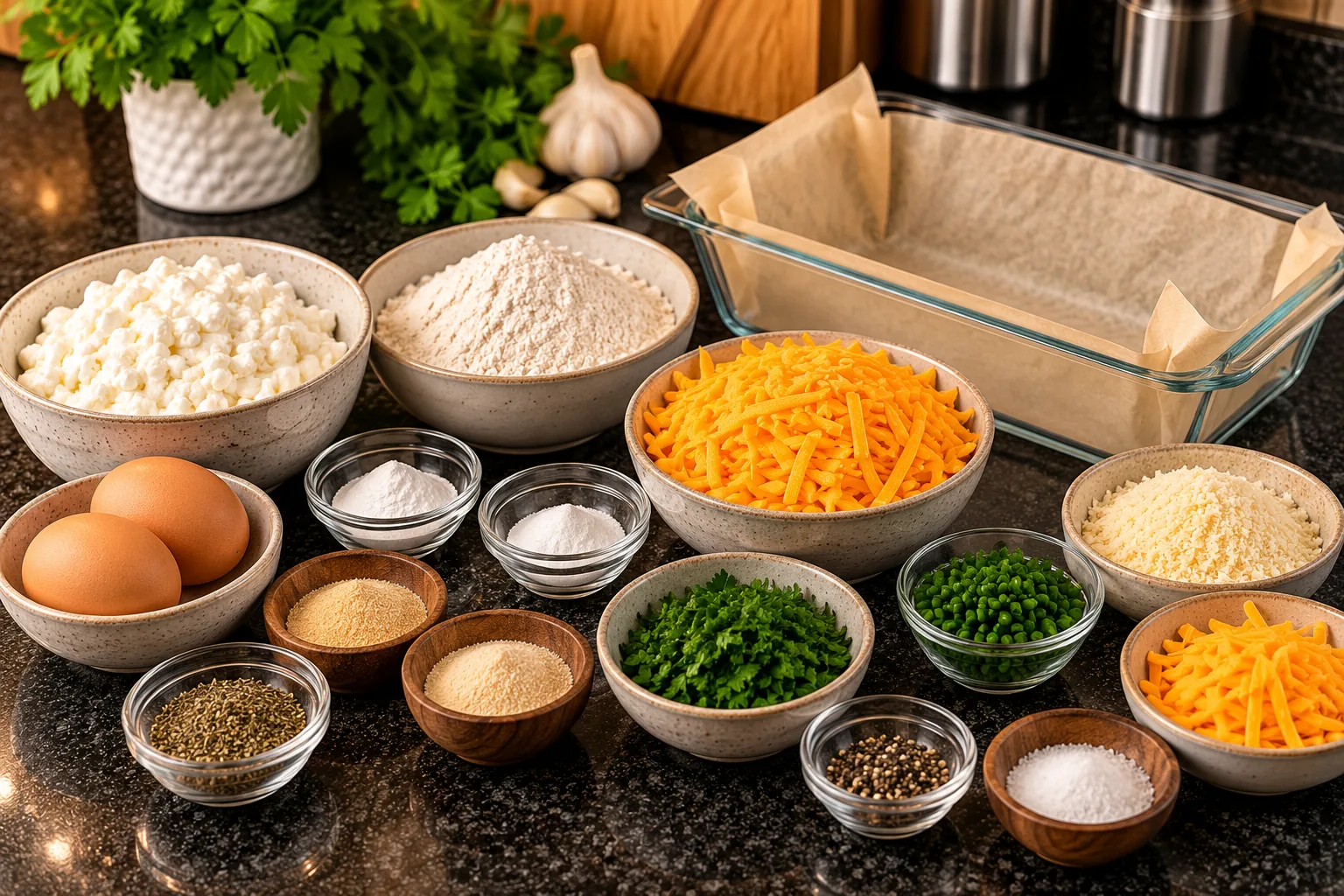 Ingredients for cottage cheese garlic cheddar bread beside a loaf pan