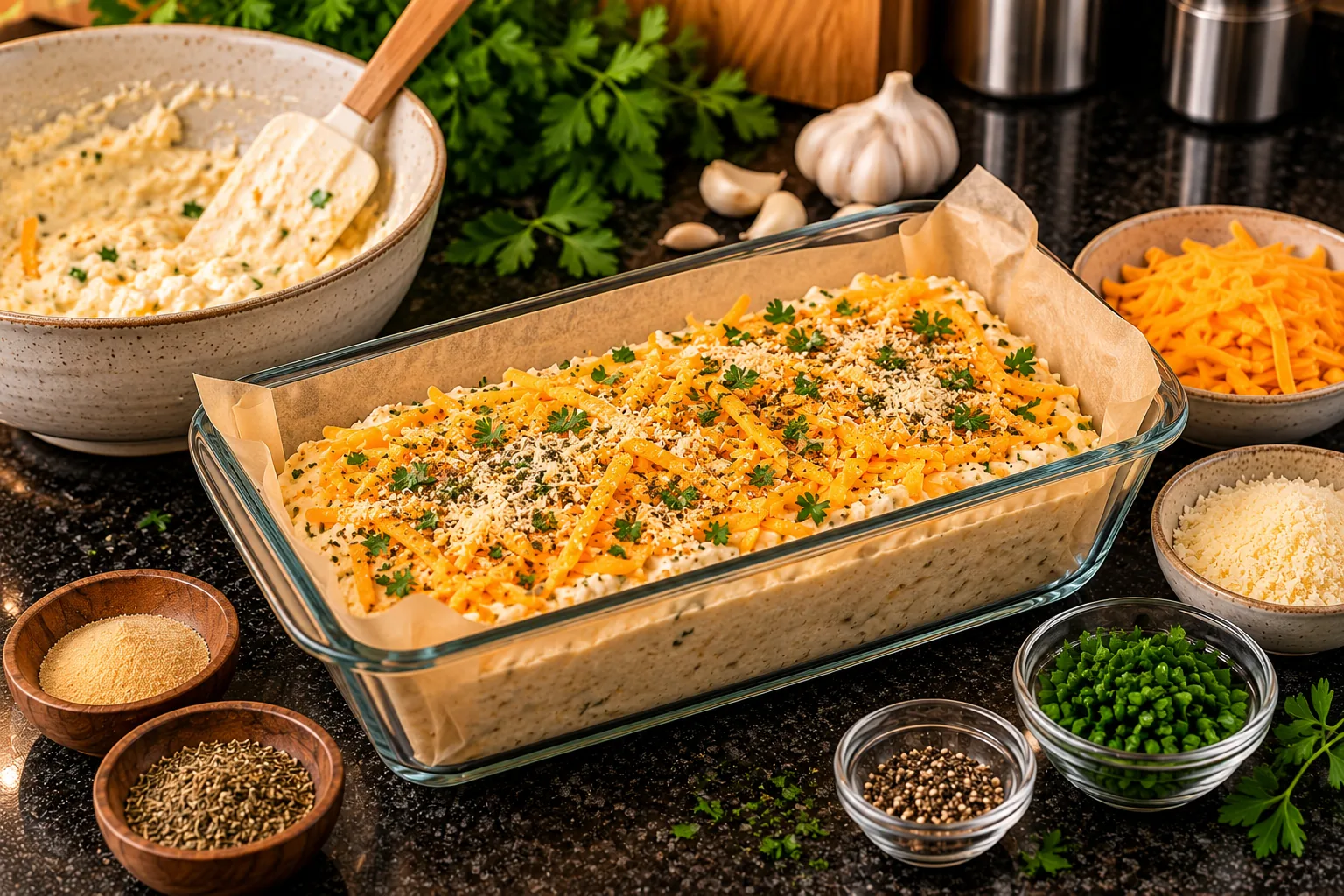 Unbaked cottage cheese bread topped with cheddar and herbs