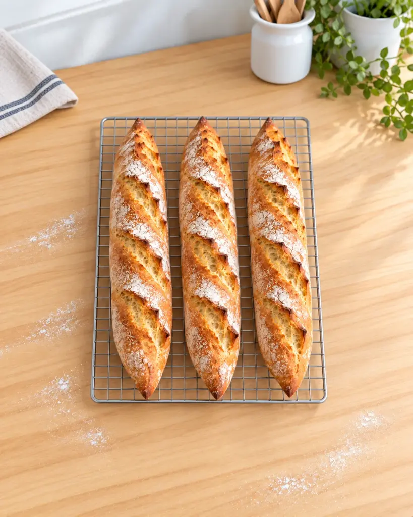 Three golden, flour-dusted Easy Homemade Baguettes cooling on a wire rack