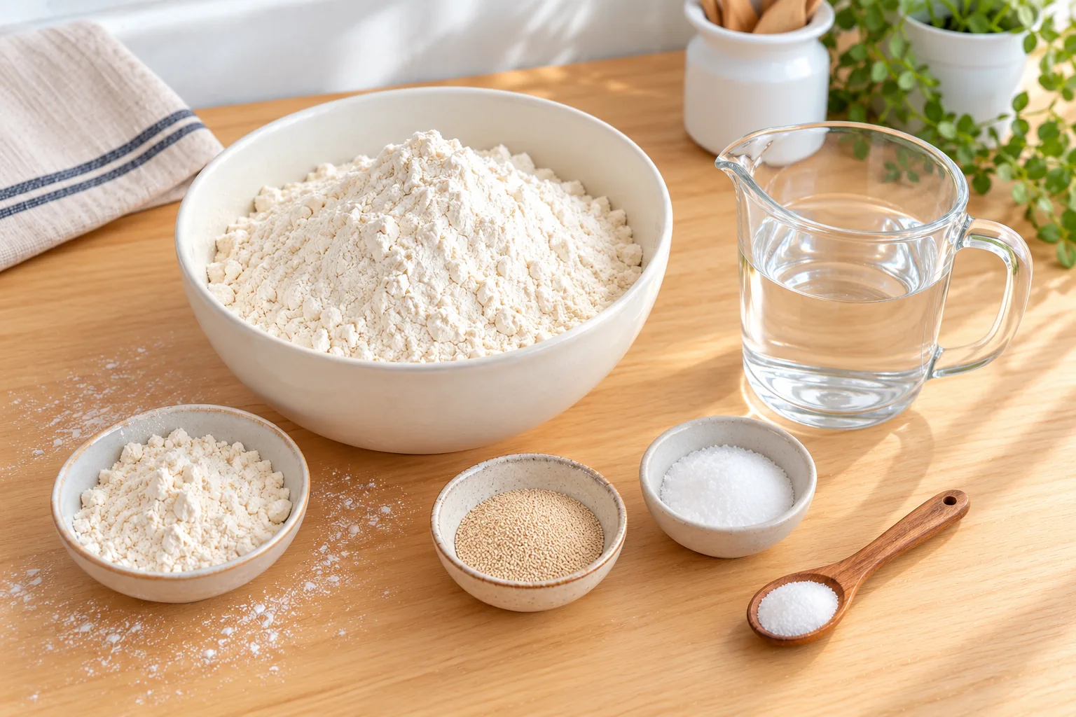 Bread flour, water, instant yeast, salt, sugar, and dusting flour for homemade baguettes