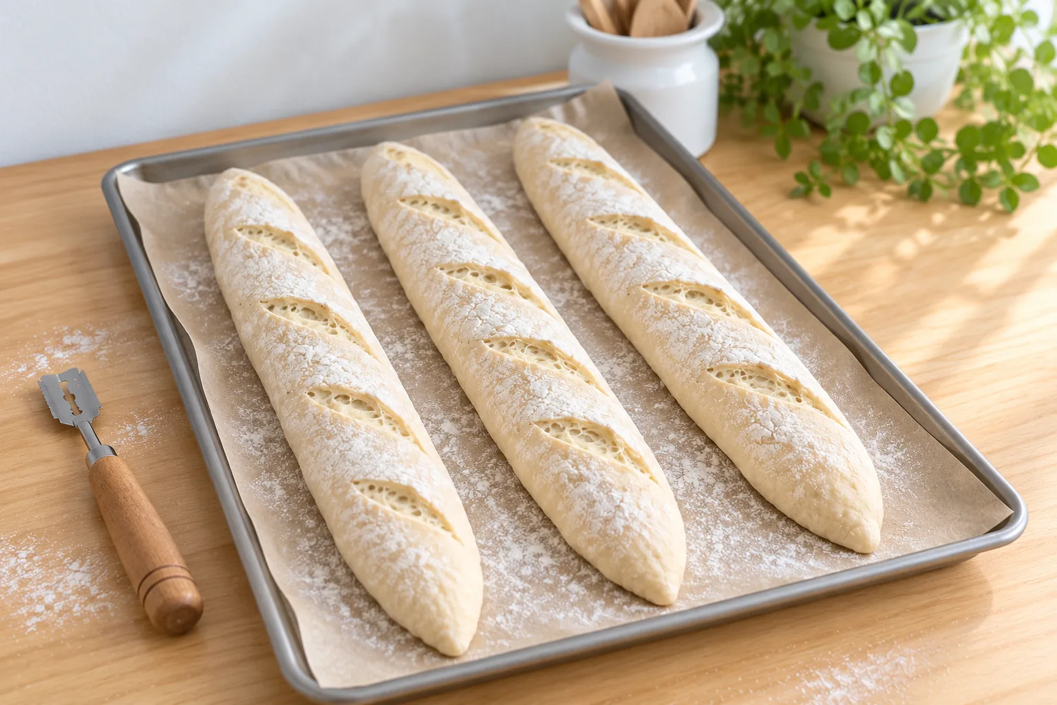 Three shaped and scored baguette dough logs on a parchment-lined baking sheet