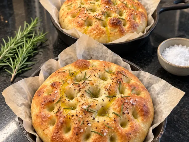 Two golden mini rosemary olive oil focaccias in parchment-lined cast-iron skillets