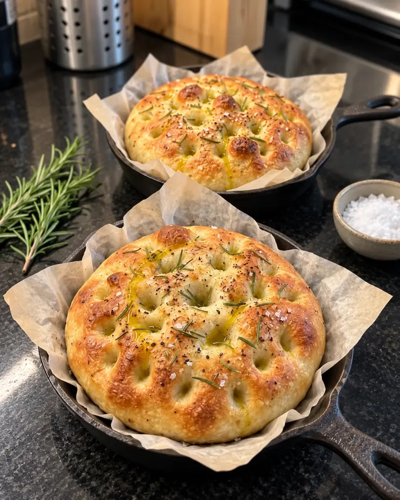 Two golden mini rosemary olive oil focaccias in parchment-lined cast-iron skillets