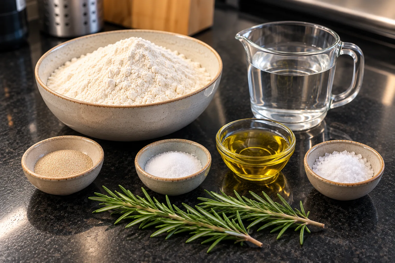 Bread flour, water, yeast, salts, olive oil, and rosemary for mini focaccia