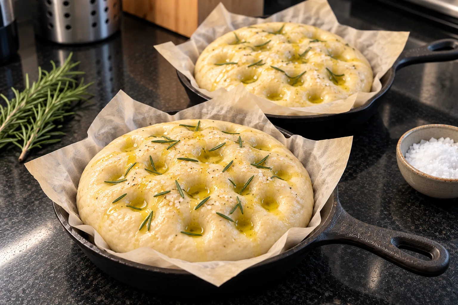 Two dimpled mini rosemary focaccia doughs in parchment-lined cast-iron skillets before baking
