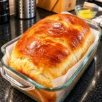 Glossy golden buttermilk sandwich bread loaf in a clear glass pan