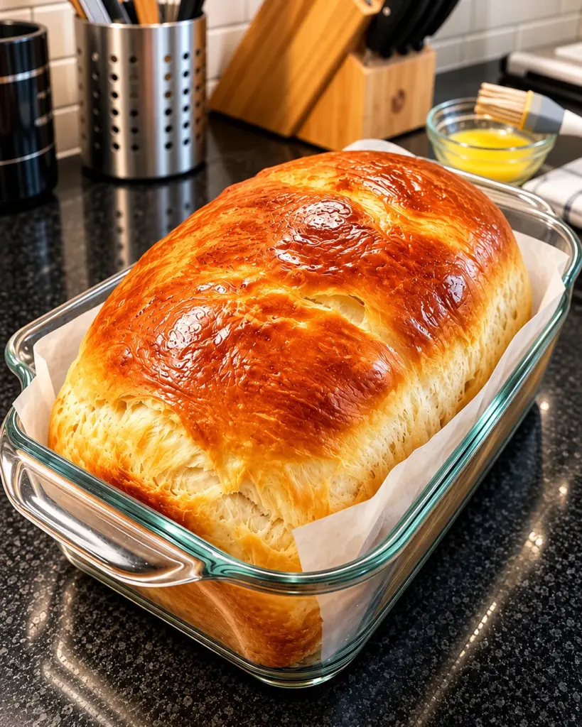 Glossy golden buttermilk sandwich bread loaf in a clear glass pan