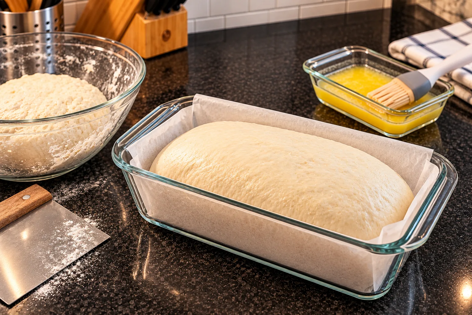 Risen buttermilk bread dough shaped in a parchment-lined clear glass loaf pan