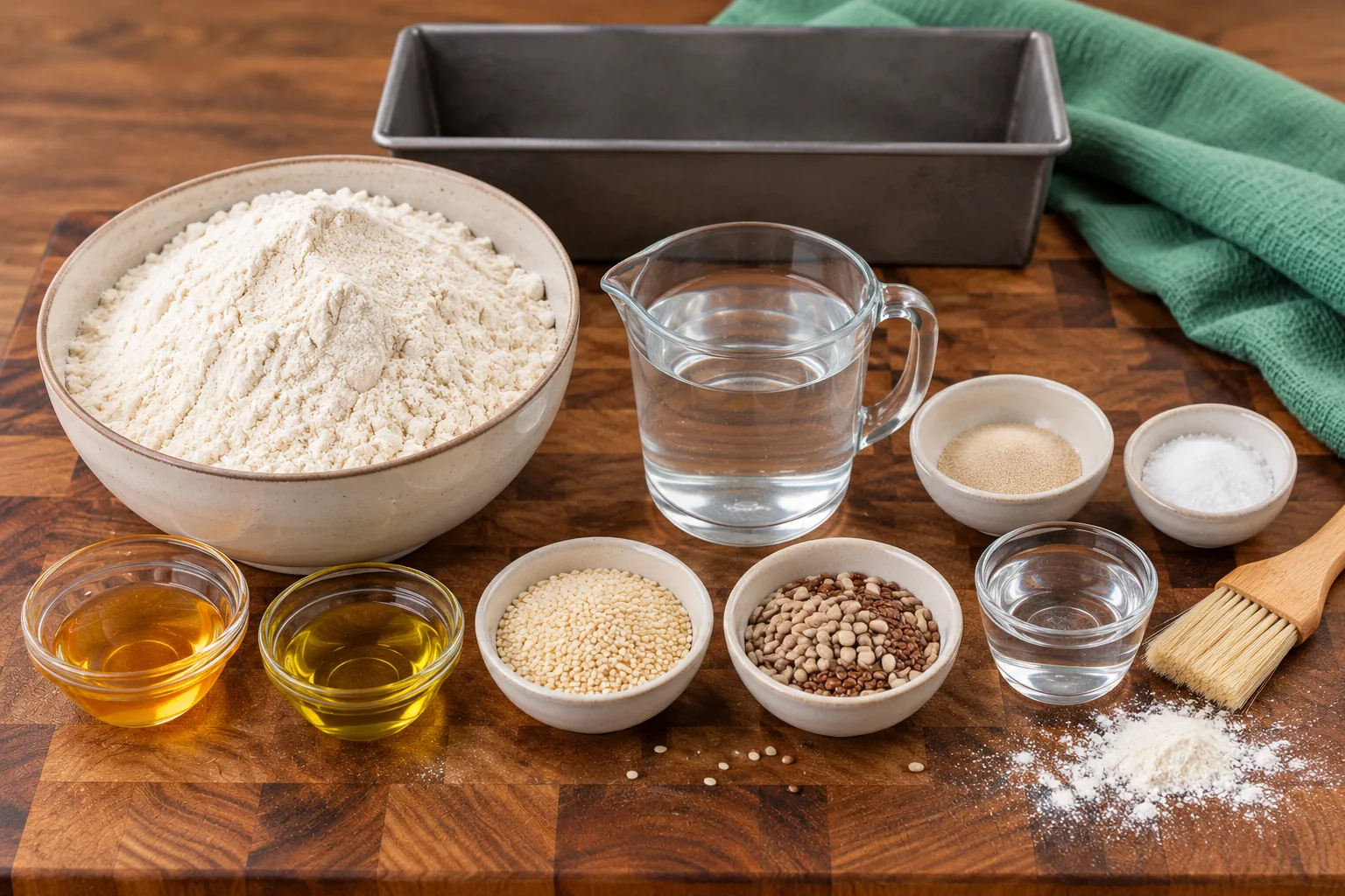 Bread flour, water, yeast, salt, honey, olive oil, sesame and mixed seeds for a no-knead loaf
