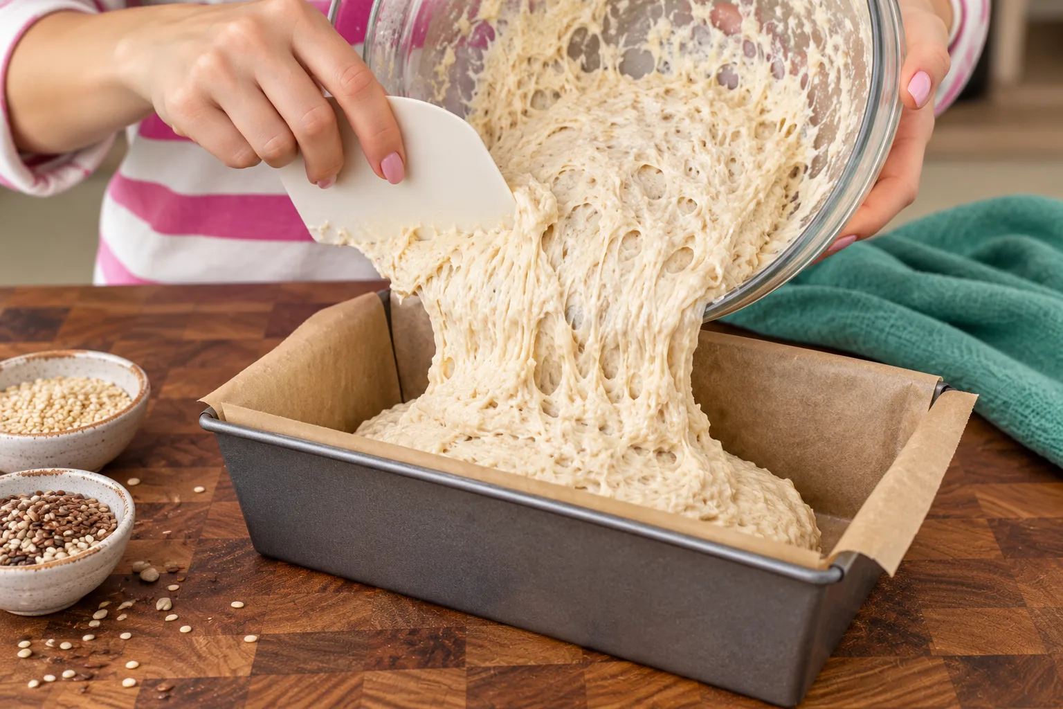 Sticky risen bread dough being scraped into a parchment-lined large loaf pan