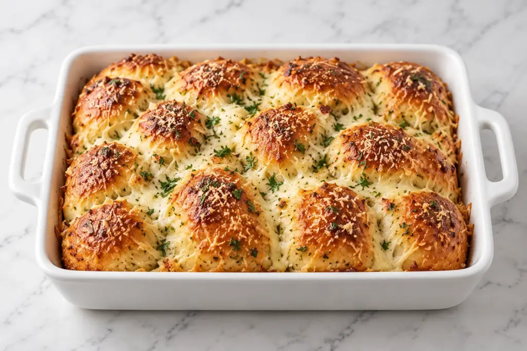 Golden garlic Parmesan pull-apart bread with mozzarella and parsley in a white rectangular dish