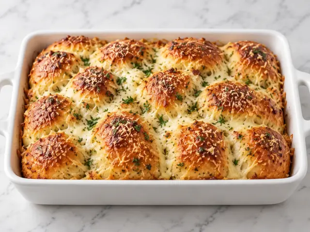 Golden garlic Parmesan pull-apart bread with mozzarella and parsley in a white rectangular dish