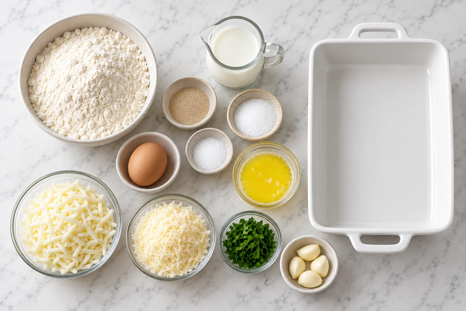 Flour, milk, yeast, sugar, egg, butter, garlic, Parmesan, mozzarella, parsley, and salt