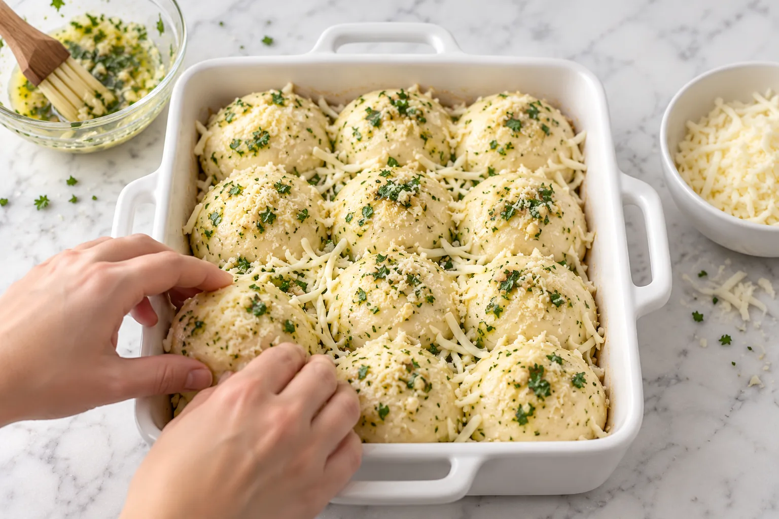 Hands arranging raw dough balls with garlic parsley butter and cheese in a rectangular dish
