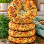 Stack of golden cottage cheese dill bagels with cheese and seeds