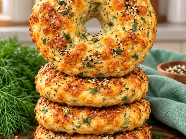 Stack of golden cottage cheese dill bagels with cheese and seeds