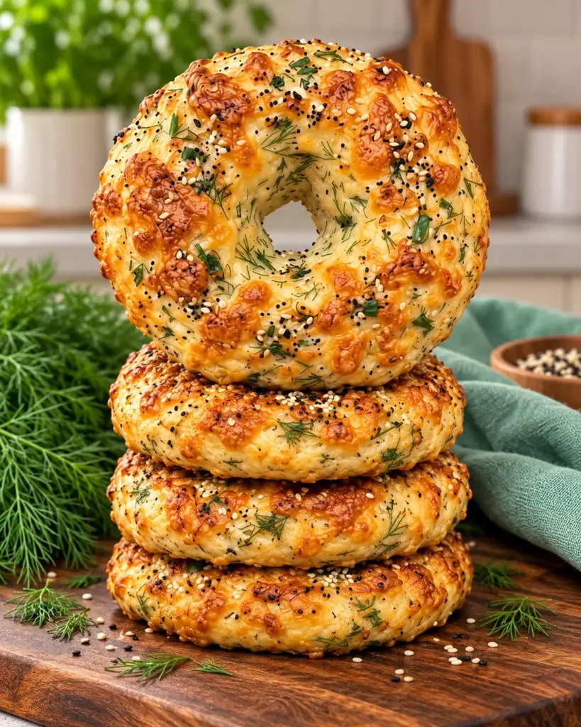 Stack of golden cottage cheese dill bagels with cheese and seeds