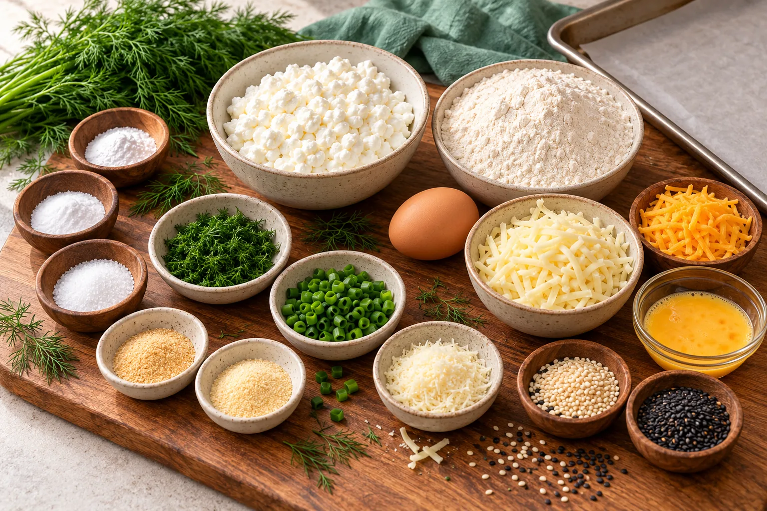 Cottage cheese, flour, dill, cheese, eggs, and bagel toppings arranged on a board