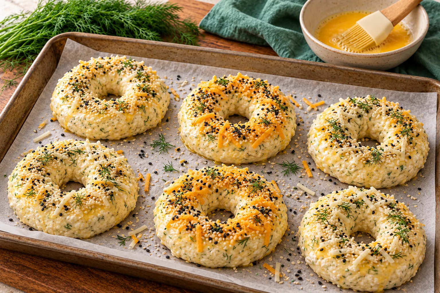 Shaped cottage cheese dill bagels topped with cheese, seeds, and dill on a baking tray