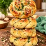 Golden cottage cheese garlic knots stacked on a wooden board