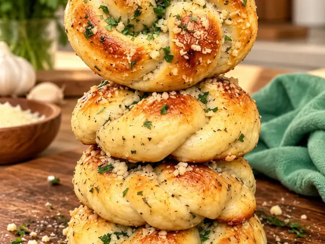 Golden cottage cheese garlic knots stacked on a wooden board