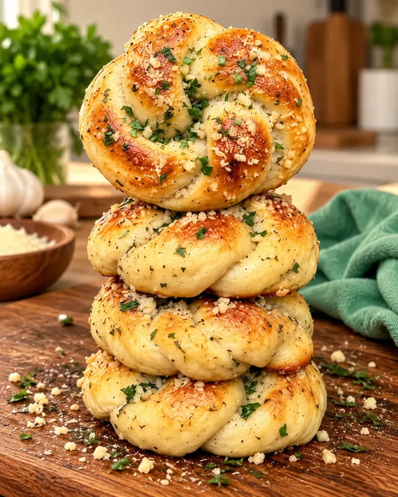 Golden cottage cheese garlic knots stacked on a wooden board