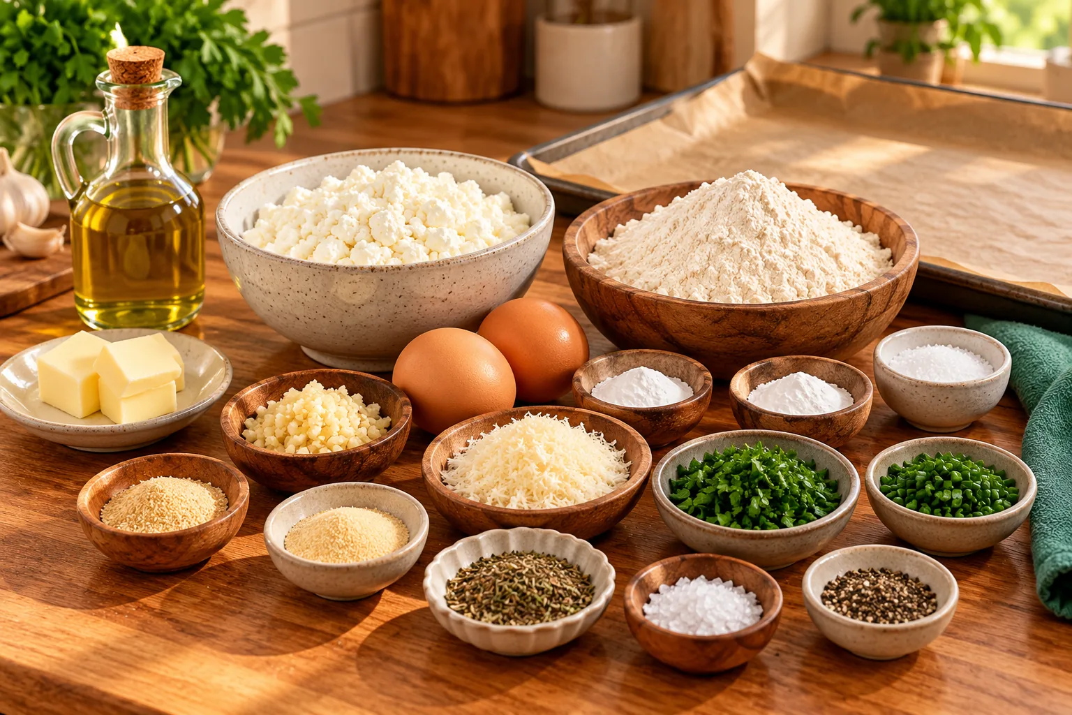 Cottage cheese garlic knot ingredients arranged on a kitchen counter