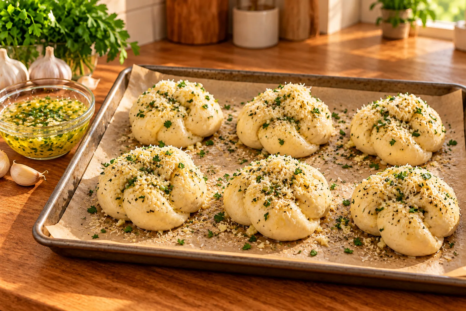 Unbaked cottage cheese garlic knots brushed with garlic butter