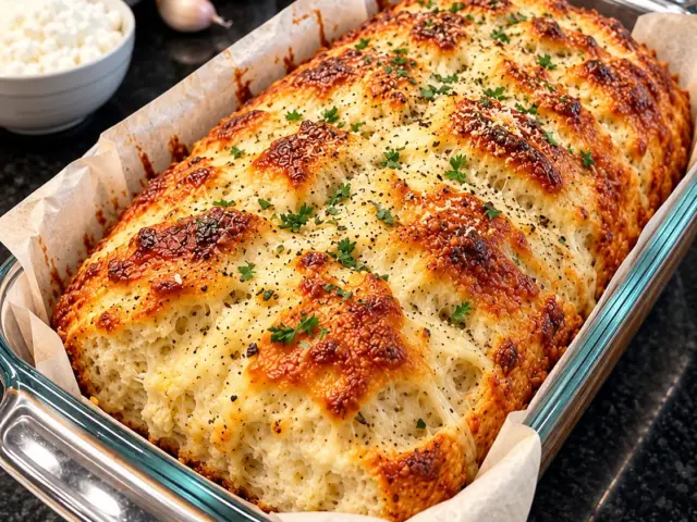 Golden cottage cheese mozzarella bread in a glass loaf pan