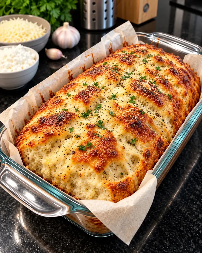 Golden cottage cheese mozzarella bread in a glass loaf pan