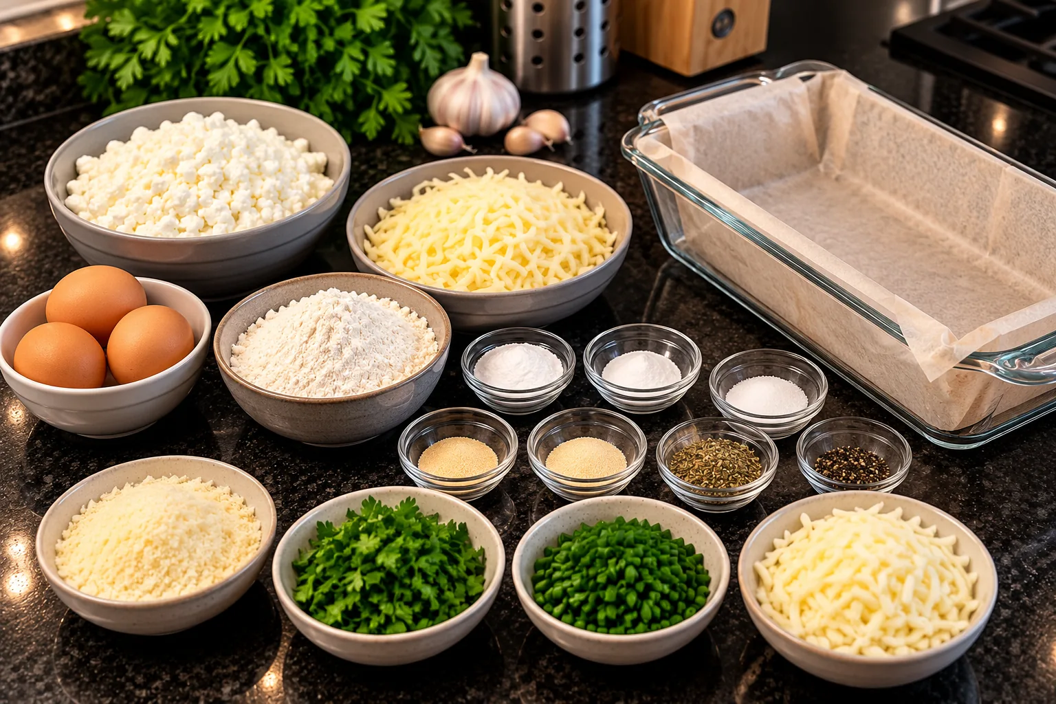 Ingredients for cottage cheese mozzarella bread beside a loaf pan