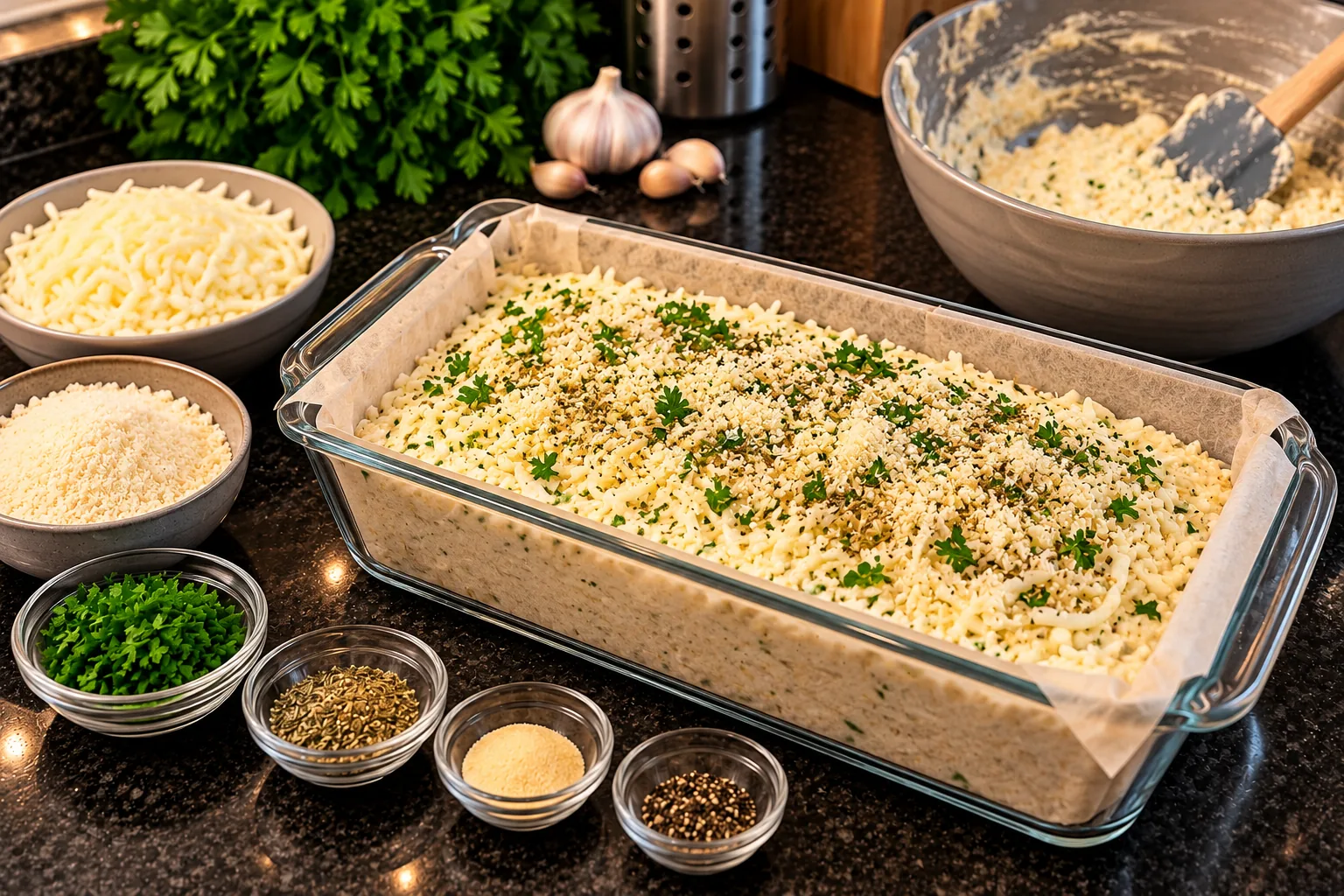 Unbaked cottage cheese bread topped with mozzarella and herbs