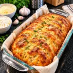 Golden cottage cheese Parmesan bread in a clear glass loaf pan