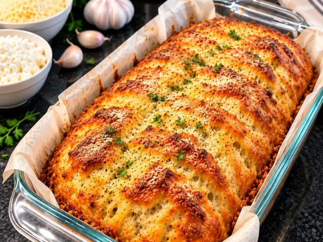Golden cottage cheese Parmesan bread in a clear glass loaf pan