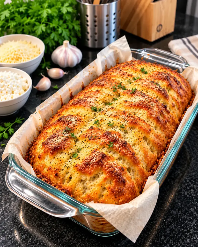 Golden cottage cheese Parmesan bread in a clear glass loaf pan