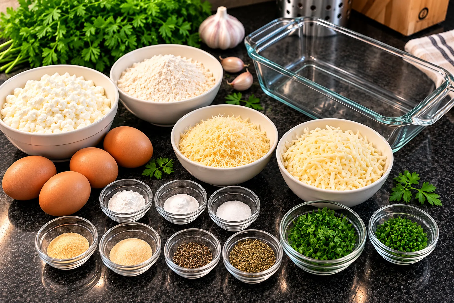 Cottage cheese, eggs, flour, Parmesan, garlic, parsley and seasonings beside a loaf pan