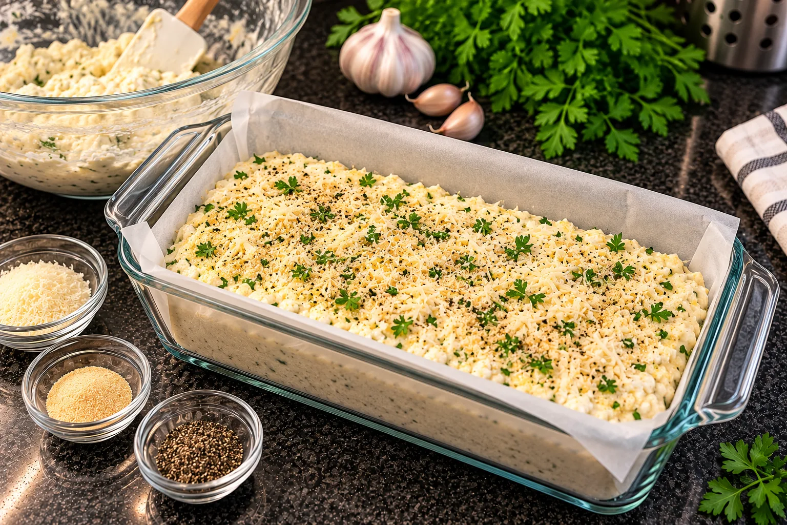 Unbaked cottage cheese Parmesan bread batter topped with herbs in a loaf pan